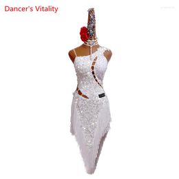 Desgaste de la etapa Vestido de baile latino Niños Mujer Adulto Borla Tirantes Sin espalda Chacha Baile Competencia profesional