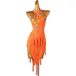 Stage Wear Latin Dance Dress Competition Jupes Costumes Jupe Performing Orange Strass Fringe