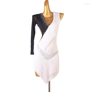 Stage Wear Robe de danse latine Costumes de compétition Jupe Performance Strass Adulte Personnaliser Enfants Blanc Gland