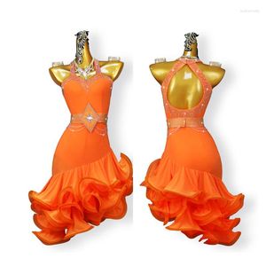 Vêtements de scène robe de danse latine concours Costumes jupe performant adulte personnaliser enfants Orange Fishbone jupe