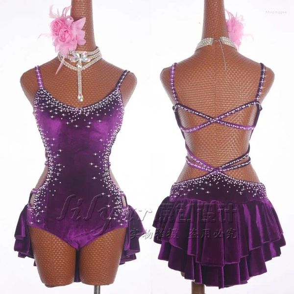 STAGE PEUR LATIN DANGE Robe Costume Velvet Tie Purple Set Vêtements Femmes