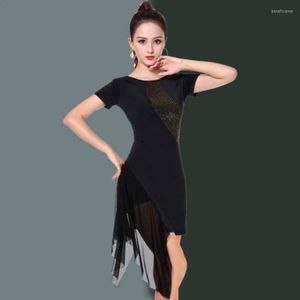 Stage Wear Robe de danse latine Femme adulte Rumba Salle de bal Vêtements de pratique à manches courtes Performance professionnelle Adu