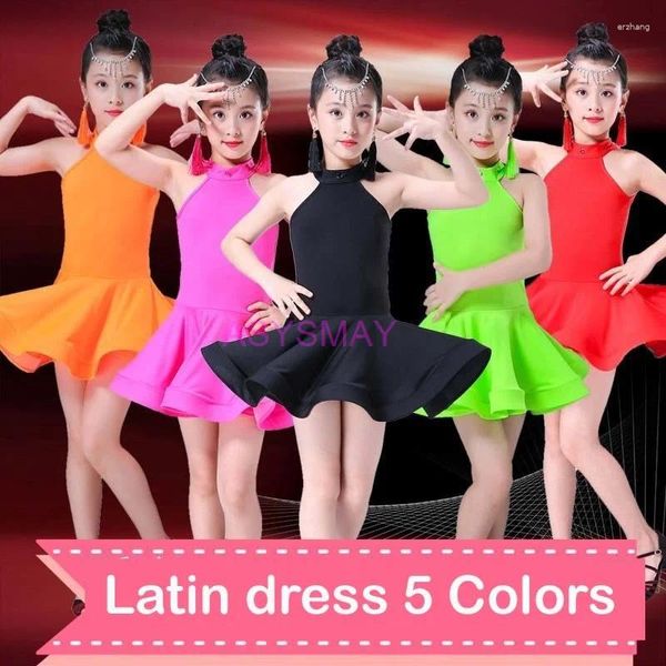 Stage Wear Robe de danse latine pour filles Compétition Salle de bal Danse Salsa Samba Cha Tango Costume de pratique en ligne sans manches Enfants Enfant