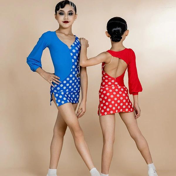Stage Wear Robe de danse latine pour filles Lanterne manches Polka Dot Patchwork Vêtements de pratique Chacha Rumba Tango Costumes DN16550