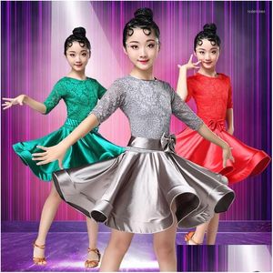 Stage Wear Robe de danse latine pour filles à manches longues en dentelle standard robes de danse de salon enfants performance vêtements salsa drop livrer dhmca