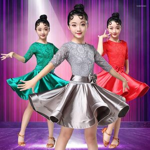 Stage Wear Latin Dance Dress For Girls Long Sleeve Lace Standard Ballroom Dancing Dresses Kids Performance Salsa Clothes