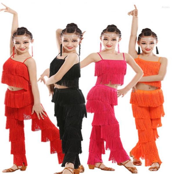 Ropa de escenario vestido de baile latino para niños niñas adultos salón de baile borla flecos Tops pantalones Salsa Samba disfraz niños competición