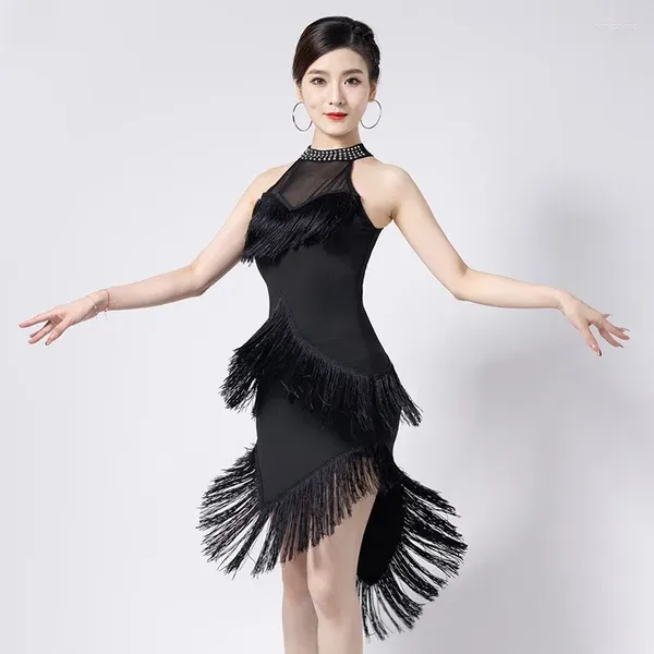 Stage Wear Robe de danse latine Fille Compétition Costume d'entraînement Femme Gland Diamant Tango Cha Rumba