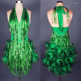 Stadiumkleding Latin-dansjurk Groen Professioneel kostuum voor vrouwen Fringe Samba Kleurrijke dames ballroomwedstrijdjurken Kwastjes