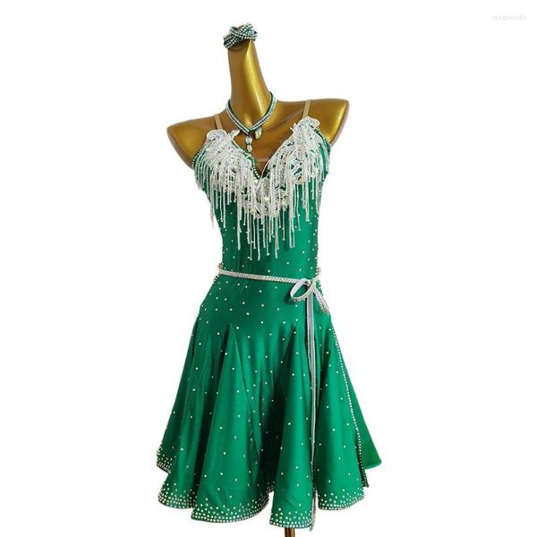 Vêtements de scène robe de danse latine haut de gamme personnalisé plein diamant jarretelle paillettes chaîne jupe Cha Tango vêtements professionnels