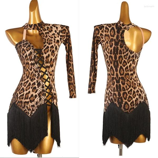 Etapa desgaste vestido de baile latino dama junior leopardo mujeres franja competencia lq413