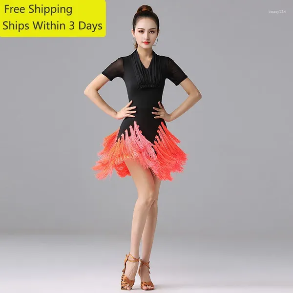 Stage Wear Disten Dance Dress Performance Mujeres Sexy Rumba Competencia Group para adultos Tassel Skirt