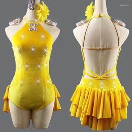 Vêtements de scène robe de danse latine pôle Salsa justaucorps en velours jaune patinage sur glace Costumes de compétition professionnelle BL4121