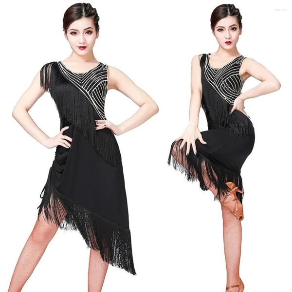 Stage Wear Robe de danse latine Paillettes Gland Pratique Salle de bal Dancewear Fringe Jupes Rumba Tango Compétition Costume de danse Femmes