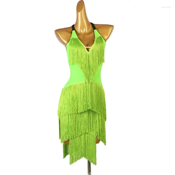 Robe de danse latine de couleur unie, tenue de scène, Costume d'entraînement de salle de bal, Costume de spectacle de compétition Standard, pompon, fête de bal