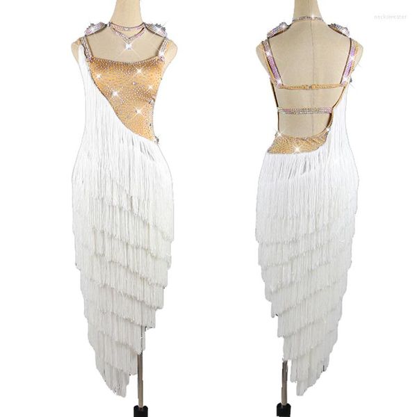 Vêtements de scène robe de danse latine frange blanche femmes compétition balançoire jupe Rumba danse Costume BL3139