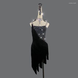 Robe de danse latine pour femmes, vêtements de scène, chaîne à franges noires, Costume de spectacle, Salsa Tango, robes de compétition féminines