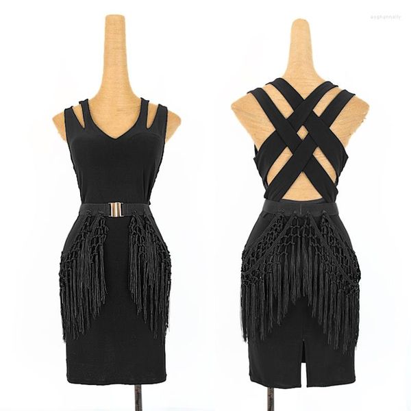 Vêtements de scène robe de danse latine femmes noir Sexy dos nu Performance vêtements ceinture frangée Tango Salsa Cha Samba Rumba dames DNV12748