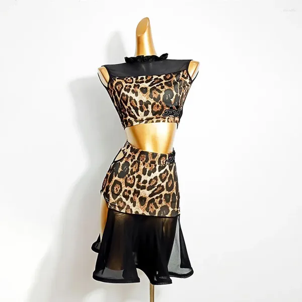 Etapa desgaste vestido de baile latino mujeres DL504 leopardo tops y falda rendimiento traje baile tela vientre chacha vestidos de baile