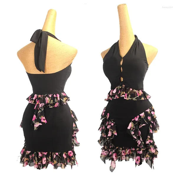 STAGE PEUR LATIN DANSE ROBE FEMMES HALTER TOPS BLACK Jupe Fleur Impression divisée Sangle Adult Rumba Salsa Practice Vêtements DNV20247