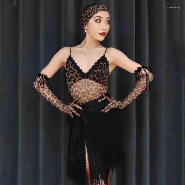 Vêtements de scène robe de danse latine femmes léopard hauts noir gland jupe pratique vêtements adulte Rumba vêtements compétition DNV18342