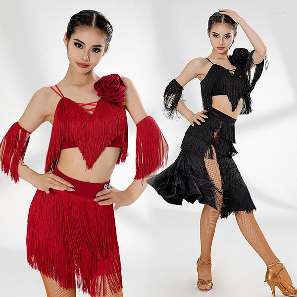 Vêtements de scène robe de danse latine femmes gland hauts jupe compétition Performance Costume noir rouge frange pratique vêtements BL10565