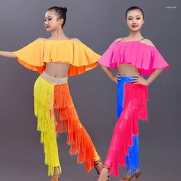 Vêtements de scène Robes de danse latine Salle de bal Haut à volants Frange Glands Robe Pantalon Franges Salsa Samba Costume Vêtements pour enfants