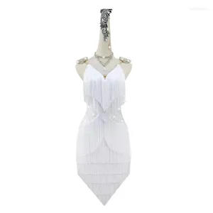 Escenario desgaste baile latino vestido de flecos blanco profesional mujer deporte competición traje sexy salón falda línea personalizada traje samba