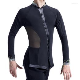 Stage Wear Latin Dance Men's Top National Standard Ballroom Performance Standing Collar Shirt Crystal Competition Tops DNV13904