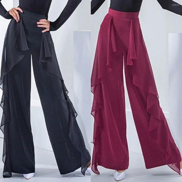 Stage Wear Latin Dance Moderne Pantalon à jambes larges Femmes Femme Salle de bal Taille haute Volants Danc