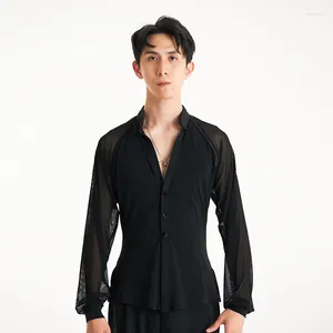 Ropa de escenario Trajes de rendimiento de baile latino para hombres Camisas de empalme de manga de linterna Chacha Rumba Tango Vestido Tops DQS15109