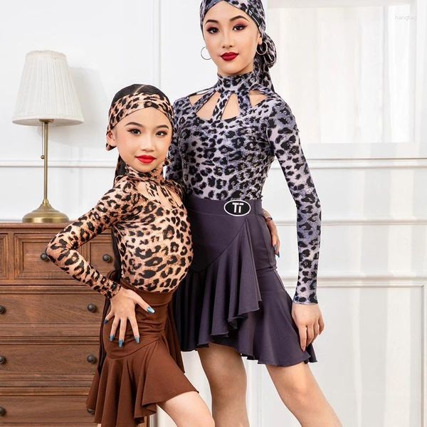 Etapa desgaste trajes de rendimiento de baile latino para niñas cuello alto manga larga falda de corbata irregular traje de leopardo ropa para niños DN17353