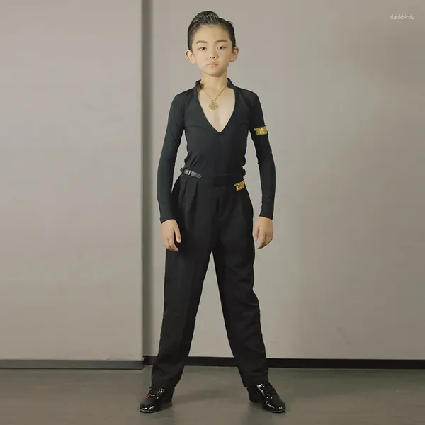 Ropa de escenario Rendimiento de baile latino para niños ChaCha Ropa de práctica de baile Ropa negra con cuello en V Tops Pantalones Rumba Competencia Traje DL11464