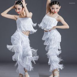 Stage Wear Costume de danse latine Pure White Tassel Competition Pantalon fendu pour enfants Performance d'entraînement