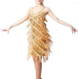 Stage Wear Jupe à bretelles de danse latine frangée col en V robe de compétition de performance pailletée