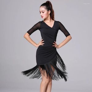 Stage Wear Latin Dance Kwastje Jurk Beroepsopleiding Vrouwelijke Volwassen Zomer Ballroom Tango Salsa Rumba Sumba Kostuum Zwart/rood S-4XL