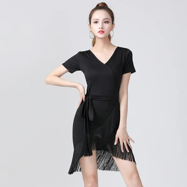 Etapa desgaste baile latino vestido de borla entrenamiento femenino adulto verano salón de baile tango samba salsa rumba mujeres traje negro 2024 qmilch