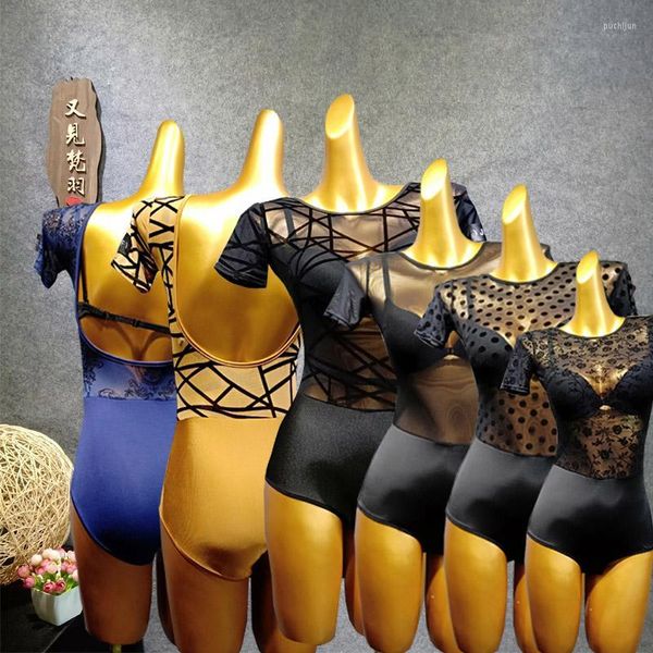 Ropa de escenario, Top de baile latino, Body de encaje sin espalda, leotardo de gimnasia de manga corta, leotardos de Ballet para mujeres, adultos, Lycra Spandex