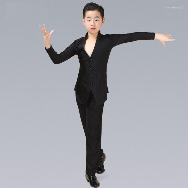 Vêtements de scène haut de danse latine garçons Sexy chemise à col en v noir pantalon à jambes larges enfants Costumes de compétition enfants Rumba Cha vêtements