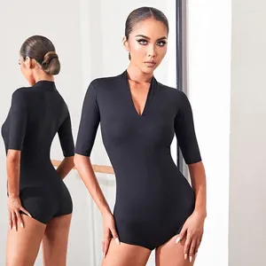 Ropa de escenario Tops de baile latino Mangas cortas Cuello en V Body negro Mujeres Ropa gimnástica Salón de baile Práctica de competencia DNV16467