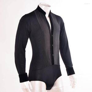 Vêtements de scène danse latine col en velours Satin devant chemise Cardigan couture boutons hommes body