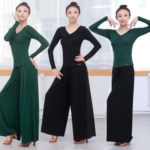 Vêtements de scène danse latine pantalons à jambes larges chemise ensembles vert noir Tango pantalon Cha Cha/Salsa/Rumba/salle de bal Costumes modernes Yoga