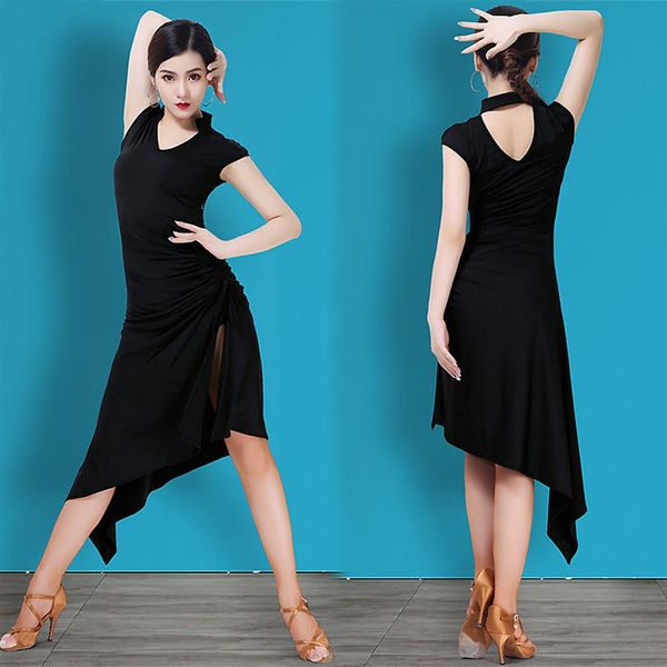 Vêtements de scène robe latine formation adulte danse noire fente sexy grande taille vêtements de performance flamenco vêtements de salle de bal B2262245c