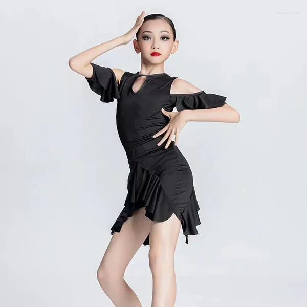 Compétition de robe latine de porte latin costume de danse solide une pièce de sportswear enfants vêtements fille fille noire jupe pour danser