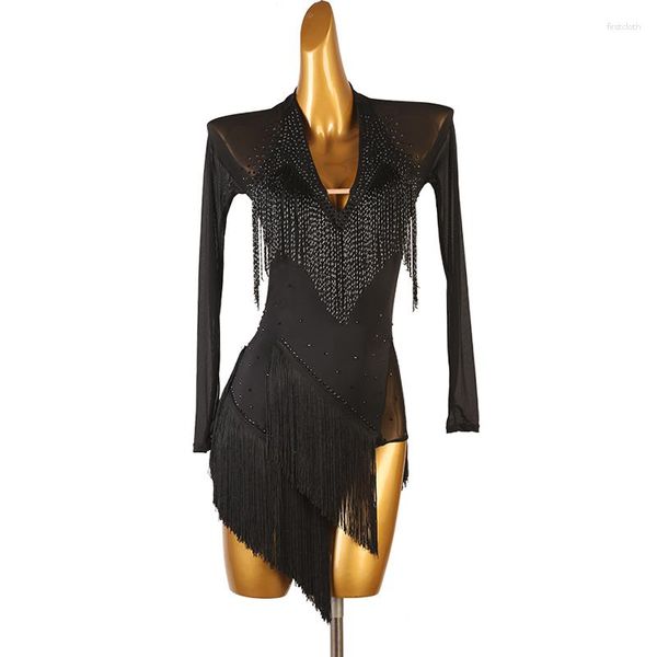 Stage Wear Robe Latine Femme Fille Diamant Gland Compétition Professionnelle Adulte Costume De Danse À Manches Longues Tango