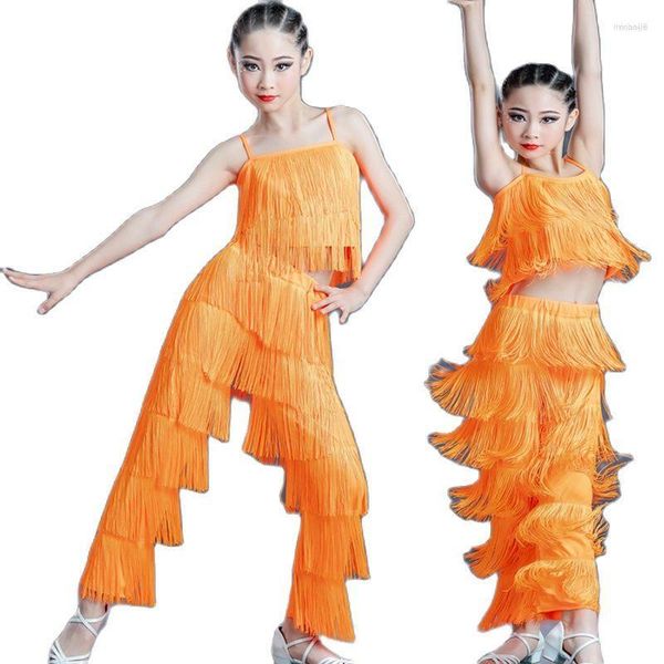 Stage Wear Latin Tassel Enfants Rumba Chacha Samba Costumes de danse Robes de concours de salle de bal Zapatos Baile Latino Mujer