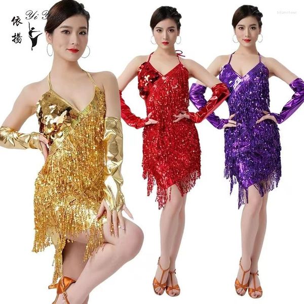 Stage Wear Leading Dance Tassel Performance Dress Sequin Strap Open Back Latin Competition