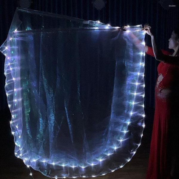 Stage Wear LED Drapeau lumineux Tissu blanc avec interrupteur Accessoires de danse Costumes de performance Pratique du ventilateur du ventre
