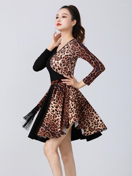 Stage Wear Leopard Patchwork Femme Robes De Danse Du Ventre Costume Femme Latine À Manches Longues Fille Robe Concours Femmes Bandage Vêtements