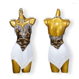 Vêtements de scène imprimé léopard robe de danse latine hauts femmes salle de bal adulte Salsa jupes Costume de sport personnaliser à franges